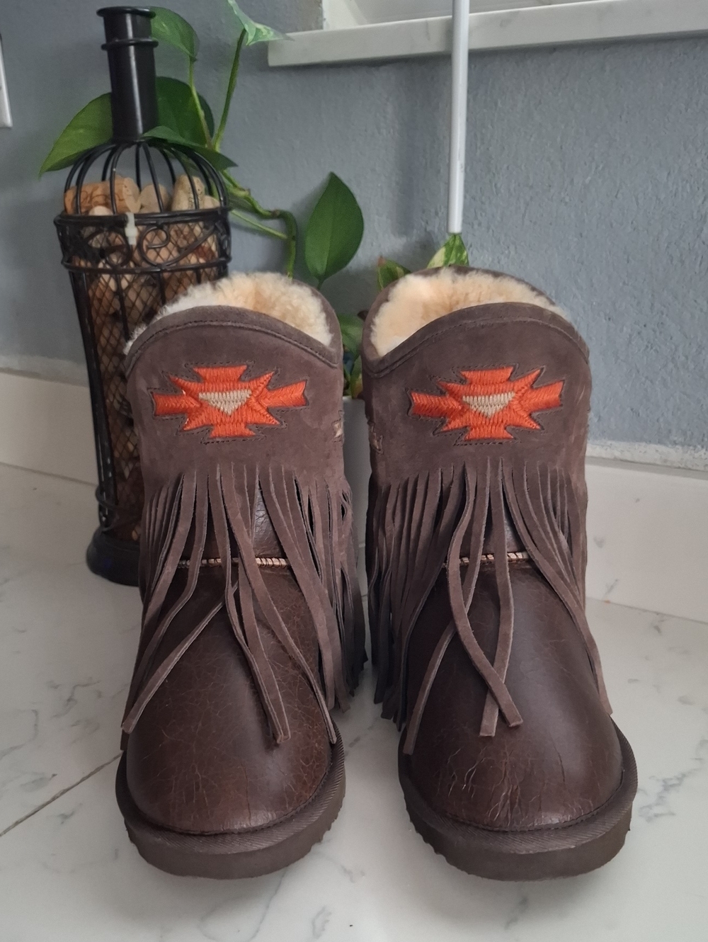 Koolaburra Brown Fringe Shearling Boots with Orange Embroidery